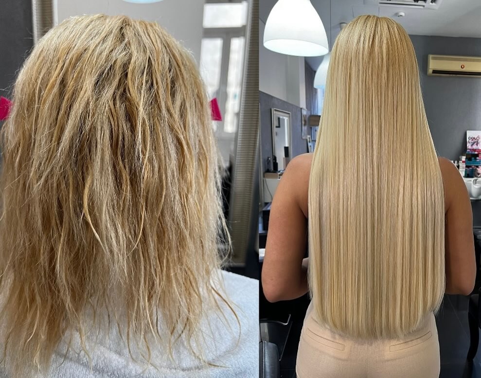 Antes e depois de aplicação de extensões, publicado pelo salão